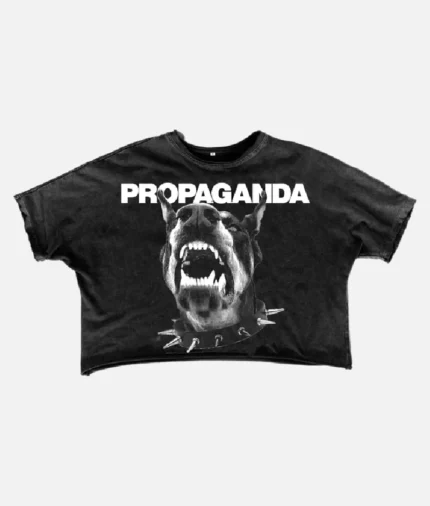 ALT: Front view of Billionaire Studios Propaganda Tee Black ALT: Close-up of Propaganda graphic print on black tee ALT: Back side of Billionaire Studios Propaganda Tee Black ALT: Model wearing Billionaire Studios Propaganda Tee in streetwear outfit