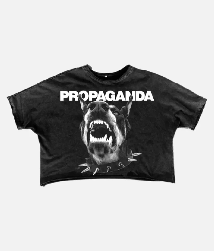 ALT: Front view of Billionaire Studios Propaganda Tee Black ALT: Close-up of Propaganda graphic print on black tee ALT: Back side of Billionaire Studios Propaganda Tee Black ALT: Model wearing Billionaire Studios Propaganda Tee in streetwear outfit