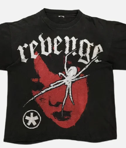 "Billionaire Studios Revenge Tee Black front view" "Revenge Tee Black side profile with graphic print" "Close-up of Revenge print on Billionaire Studios Tee" "Model wearing Billionaire Studios Revenge Tee Black streetwear look"