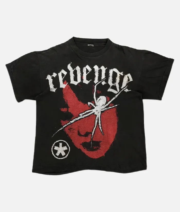 "Billionaire Studios Revenge Tee Black front view" "Revenge Tee Black side profile with graphic print" "Close-up of Revenge print on Billionaire Studios Tee" "Model wearing Billionaire Studios Revenge Tee Black streetwear look"