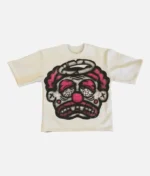 Billionaire Studios Sad Jocker Face Tee White front view Close-up of Sad Jocker face graphic on white tee Model wearing Billionaire Studios Sad Jocker Face Tee White Durable cotton fabric texture of Billionaire Studios Tee