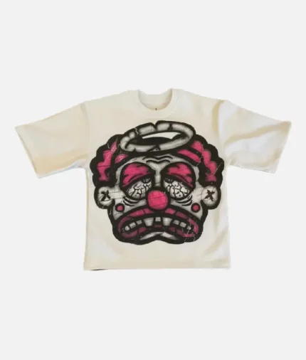 Billionaire Studios Sad Jocker Face Tee White front view Close-up of Sad Jocker face graphic on white tee Model wearing Billionaire Studios Sad Jocker Face Tee White Durable cotton fabric texture of Billionaire Studios Tee