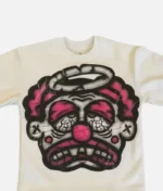Billionaire Studios Sad Jocker Face Tee White front view Close-up of Sad Jocker face graphic on white tee Model wearing Billionaire Studios Sad Jocker Face Tee White Durable cotton fabric texture of Billionaire Studios Tee