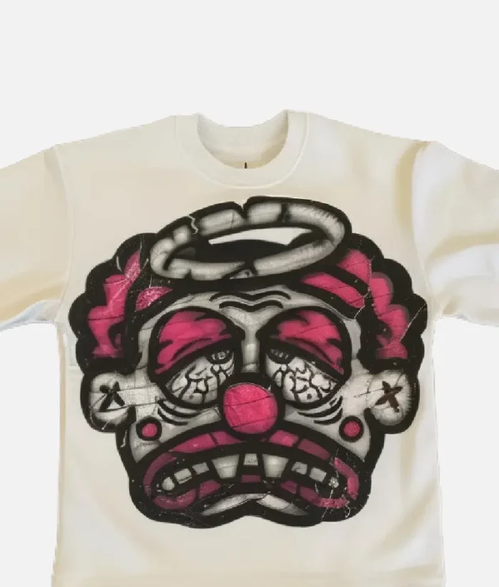 Billionaire Studios Sad Jocker Face Tee White front view Close-up of Sad Jocker face graphic on white tee Model wearing Billionaire Studios Sad Jocker Face Tee White Durable cotton fabric texture of Billionaire Studios Tee
