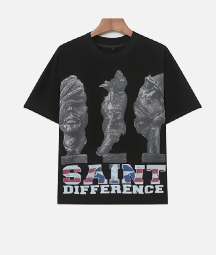 "Front view of Billionaire Studios Saint Difference Tee Black" "Model wearing Billionaire Studios Saint Difference Tee Black streetwear" "Close-up of Saint Difference graphic print on black designer tee" "Back view of Billionaire Studios Black Tee for men"