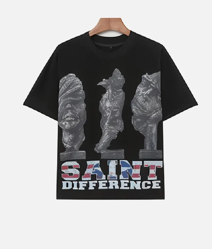 "Front view of Billionaire Studios Saint Difference Tee Black" "Model wearing Billionaire Studios Saint Difference Tee Black streetwear" "Close-up of Saint Difference graphic print on black designer tee" "Back view of Billionaire Studios Black Tee for men"