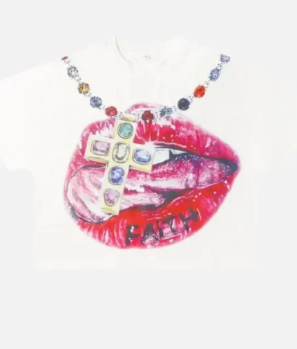 Alt: Billionaire Studios Saint Faith Tee Off White front view Alt: Back design of Billionaire Studios Saint Faith Tee Off White Alt: Model wearing Billionaire Studios Saint Faith Tee in off-white color Alt: Close-up of Saint Faith print on Billionaire Studios tee