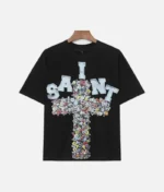 Billionaire Studios Saint Tee Black front view Billionaire Studios Saint Tee premium cotton fabric detail Back side of Billionaire Studios Saint Tee Black Model wearing Billionaire Studios Saint Tee Black with jeans