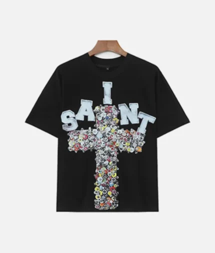 Billionaire Studios Saint Tee Black front view Billionaire Studios Saint Tee premium cotton fabric detail Back side of Billionaire Studios Saint Tee Black Model wearing Billionaire Studios Saint Tee Black with jeans