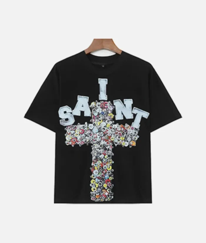 Billionaire Studios Saint Tee Black front view Billionaire Studios Saint Tee premium cotton fabric detail Back side of Billionaire Studios Saint Tee Black Model wearing Billionaire Studios Saint Tee Black with jeans