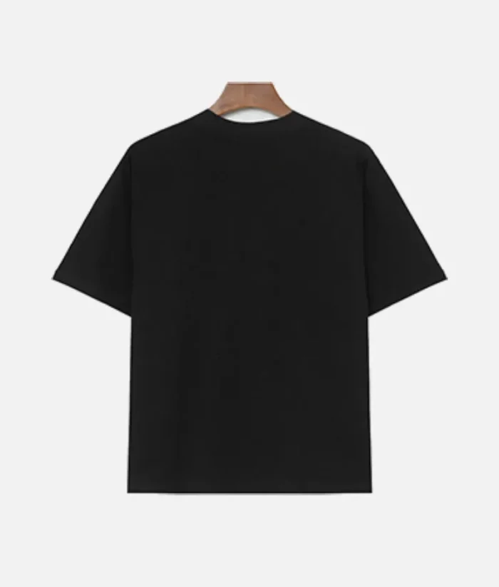 Billionaire Studios Saint Tee Black front view Billionaire Studios Saint Tee premium cotton fabric detail Back side of Billionaire Studios Saint Tee Black Model wearing Billionaire Studios Saint Tee Black with jeans