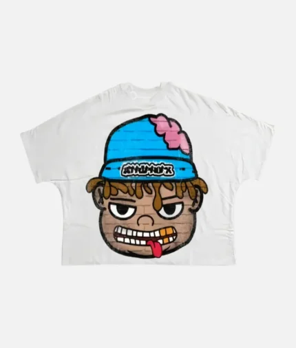 billionaire-studios-strapnofx-tee-white-front-view billionaire-studios-white-graphic-tshirt-side-profile closeup-billionaire-studios-strapnofx-print model-wearing-strapnofx-white-tee-streetwear-look