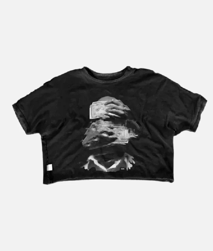 Front view of Billionaire Studios Trauma Tee Black Back design of Billionaire Studios Trauma Tee featuring graphic print Model wearing Billionaire Studios Trauma Tee in urban setting Close-up of cotton fabric of Trauma Tee Black by Billionaire Studios