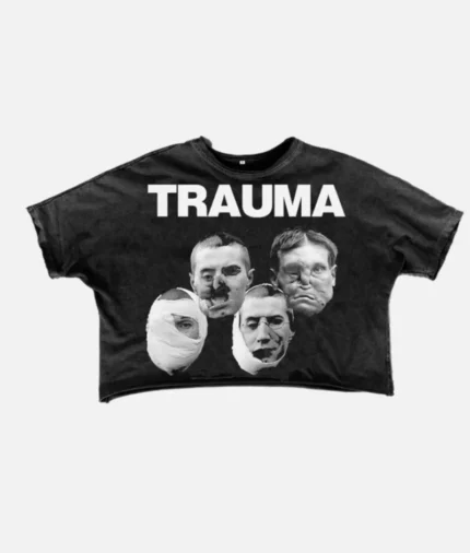Front view of Billionaire Studios Trauma Tee Black Back design of Billionaire Studios Trauma Tee featuring graphic print Model wearing Billionaire Studios Trauma Tee in urban setting Close-up of cotton fabric of Trauma Tee Black by Billionaire Studios