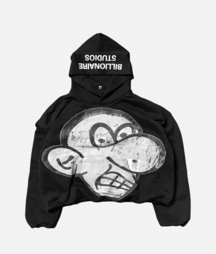 Billionaire Studios Wimpy Kid Hoodie Black front view Close-up of Wimpy Kid graphic on black hoodie Model wearing Billionaire Studios Wimpy Kid Hoodie streetwear Back and hood view of black Wimpy Kid hoodie