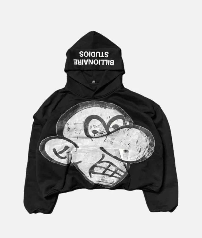 Billionaire Studios Wimpy Kid Hoodie Black front view Close-up of Wimpy Kid graphic on black hoodie Model wearing Billionaire Studios Wimpy Kid Hoodie streetwear Back and hood view of black Wimpy Kid hoodie